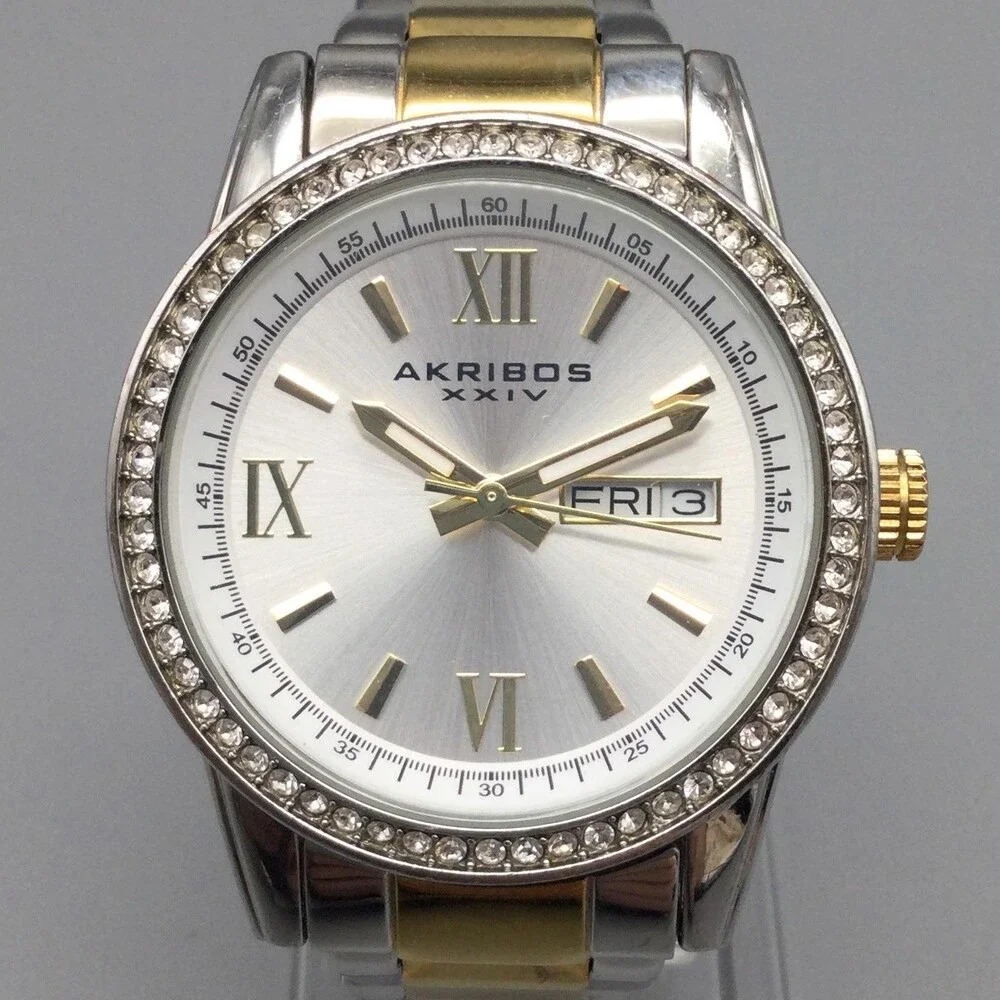 Akribos XXIV Womens Watch 36mm Two Tone Crystal Bezel Day Date New Battery 6